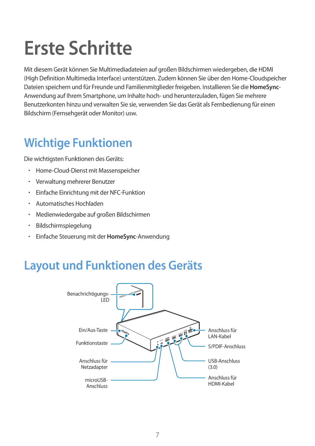 Samsung GT-B9150ZKADBT manual Erste Schritte, Wichtige Funktionen, Layout und Funktionen des Geräts 