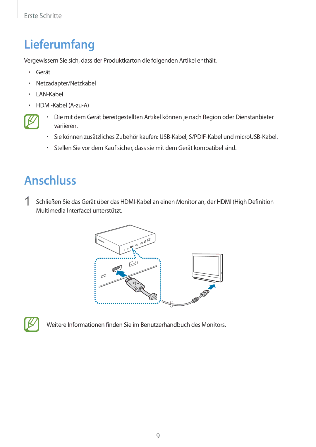 Samsung GT-B9150ZKADBT manual Lieferumfang, Anschluss 