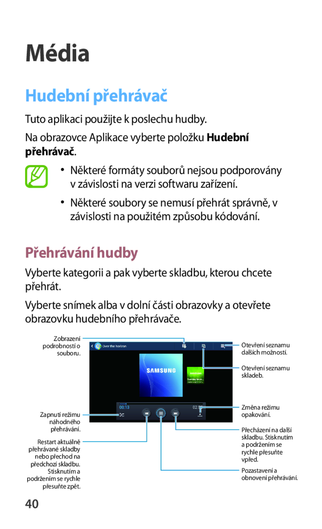 Samsung GT-B9150ZKAETL manual Média, Hudební přehrávač, Přehrávání hudby 