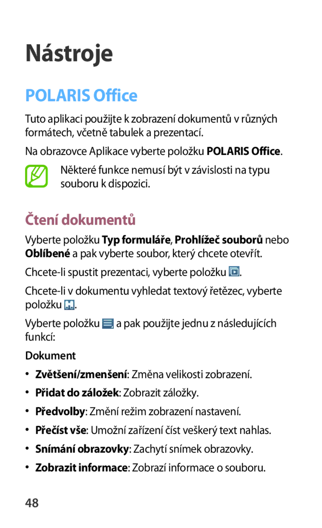 Samsung GT-B9150ZKAETL manual Nástroje, Polaris Office, Čtení dokumentů, Dokument 