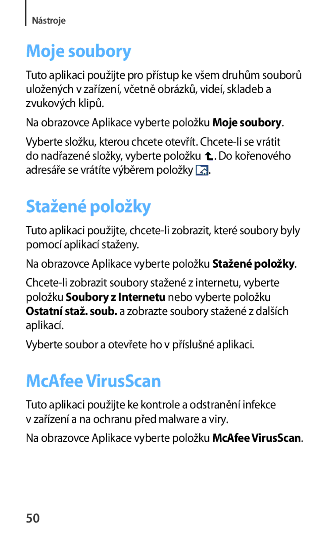 Samsung GT-B9150ZKAETL manual Moje soubory, Stažené položky, McAfee VirusScan 