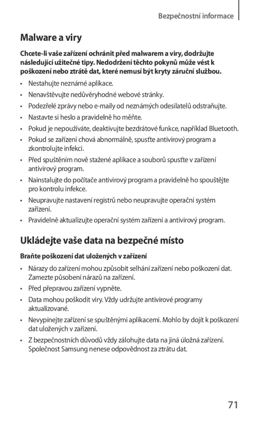 Samsung GT-B9150ZKAETL manual Malware a viry, Braňte poškození dat uložených v zařízení 