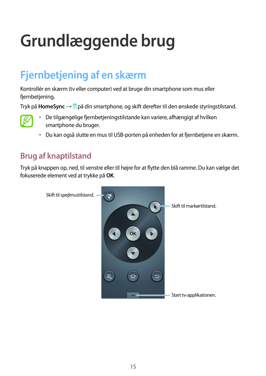 Samsung GT-B9150ZKANEE manual Grundlæggende brug, Fjernbetjening af en skærm, Brug af knaptilstand 