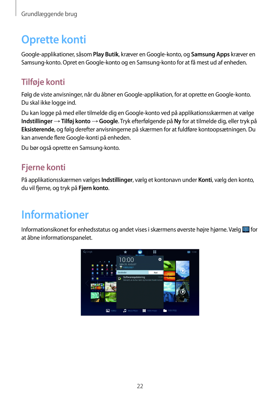 Samsung GT-B9150ZKANEE manual Oprette konti, Informationer, Tilføje konti, Fjerne konti 