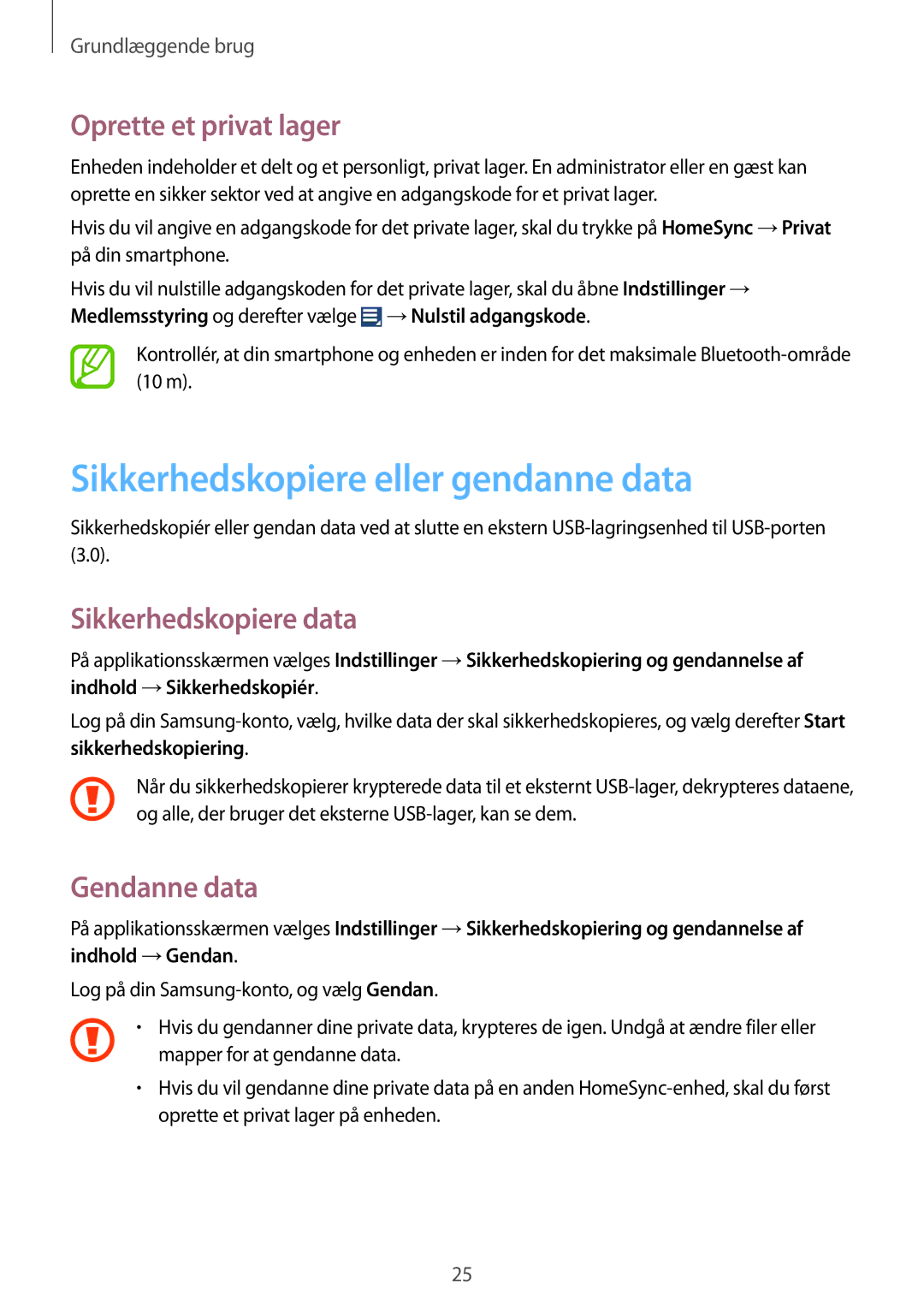 Samsung GT-B9150ZKANEE manual Sikkerhedskopiere eller gendanne data, Oprette et privat lager, Sikkerhedskopiere data 