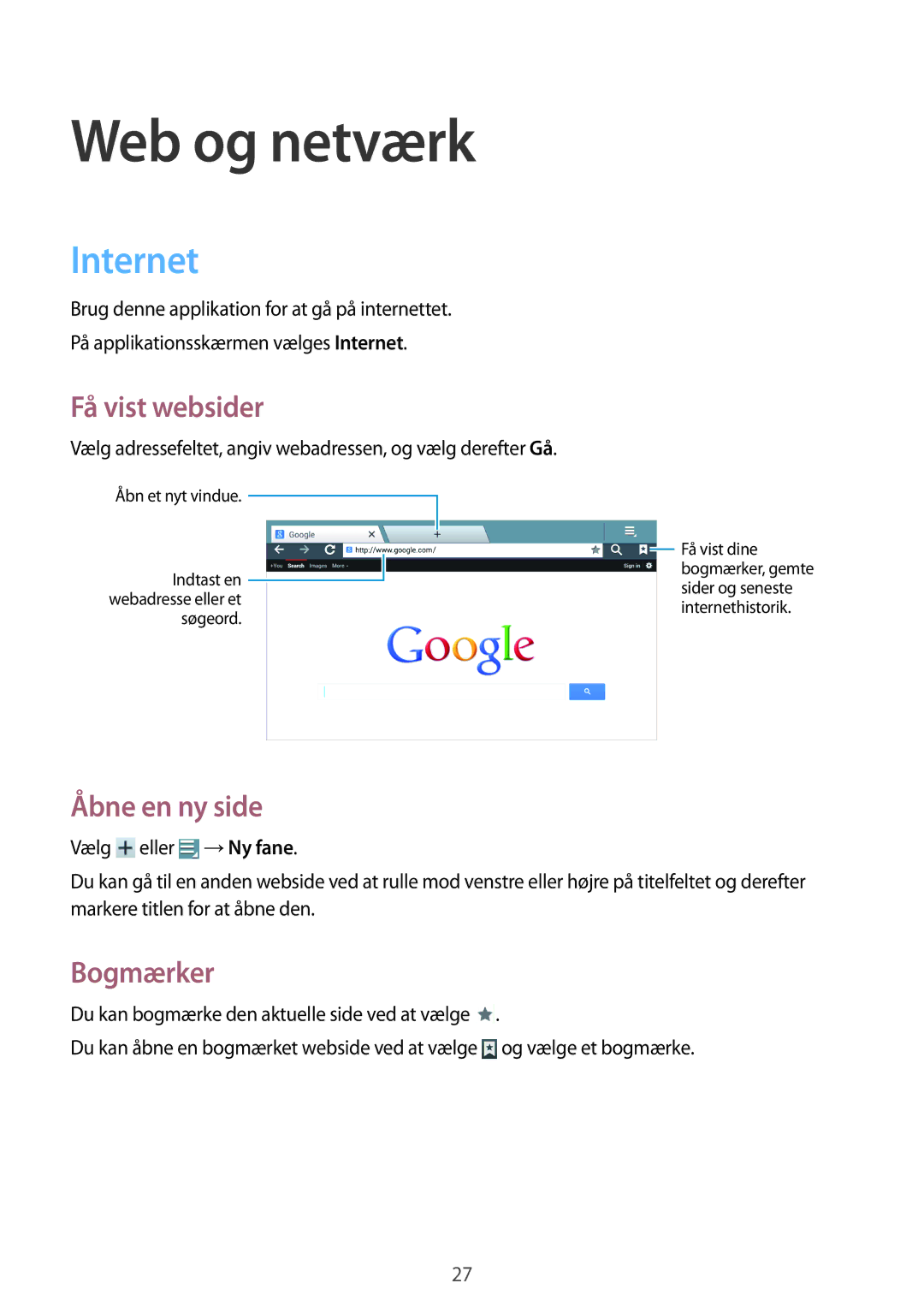 Samsung GT-B9150ZKANEE manual Web og netværk, Internet, Få vist websider, Åbne en ny side, Bogmærker 
