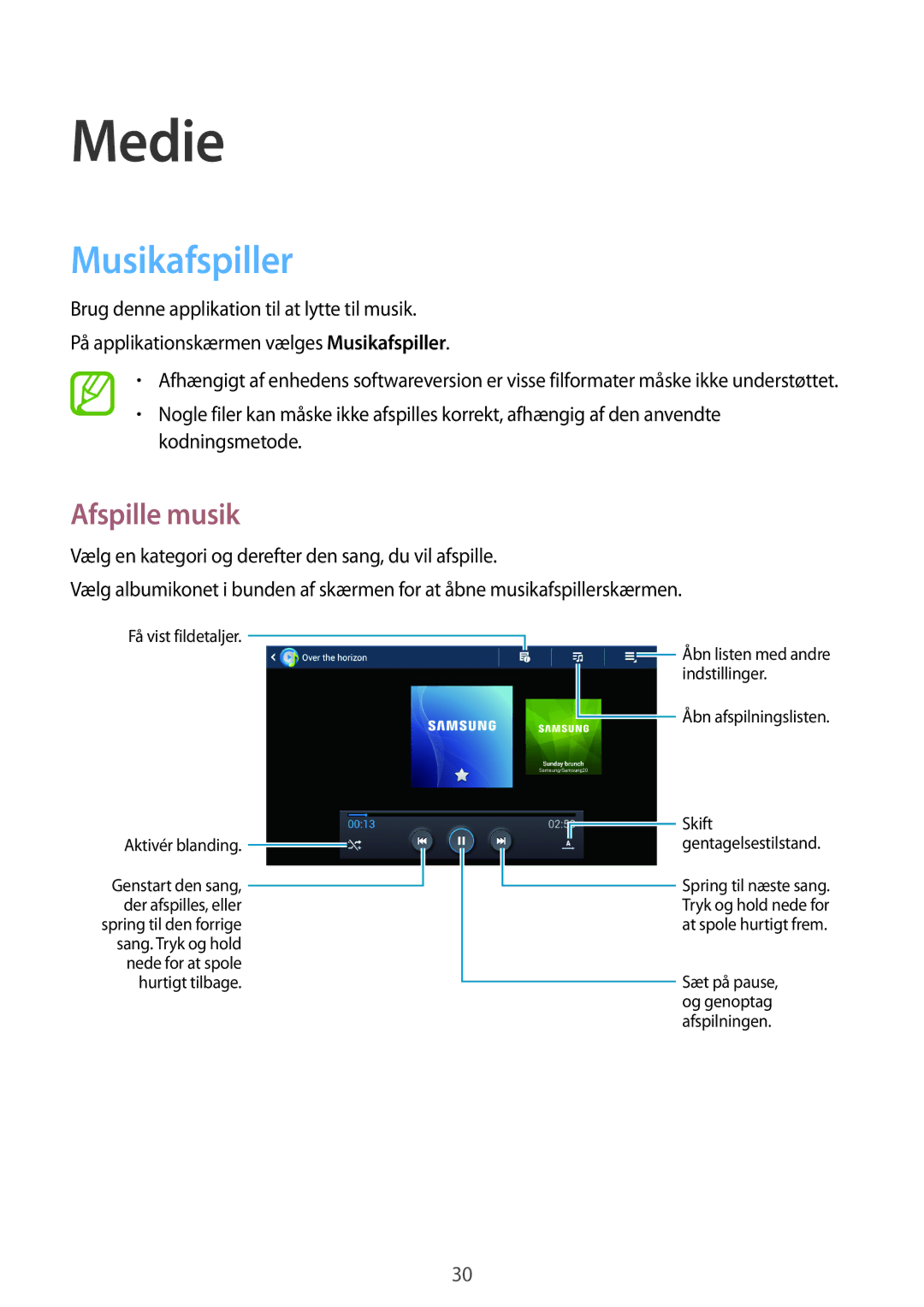 Samsung GT-B9150ZKANEE manual Medie, Musikafspiller, Afspille musik 