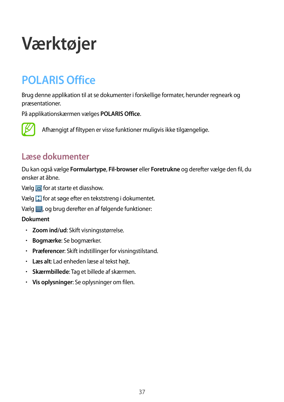 Samsung GT-B9150ZKANEE manual Værktøjer, Polaris Office, Læse dokumenter 