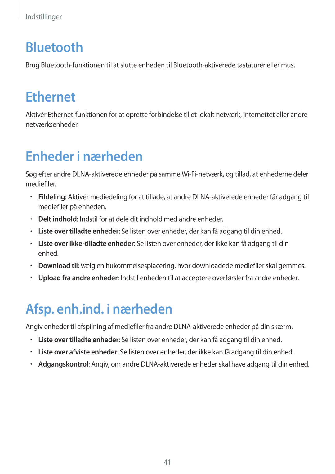 Samsung GT-B9150ZKANEE manual Bluetooth, Ethernet, Enheder i nærheden, Afsp. enh.ind. i nærheden 