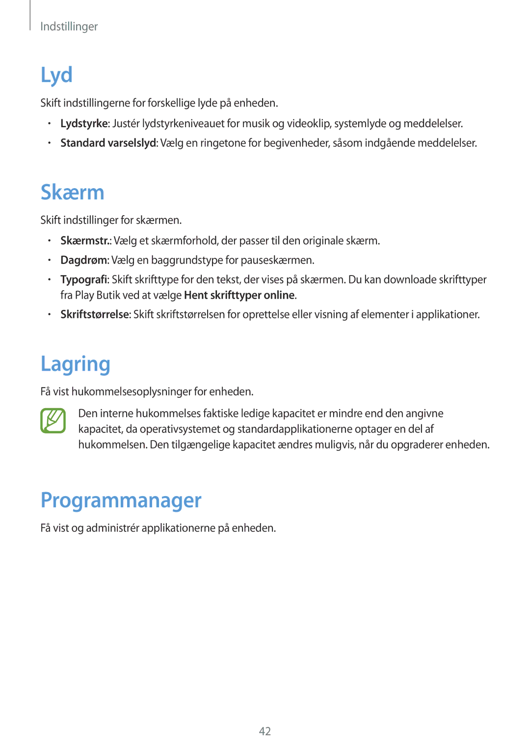 Samsung GT-B9150ZKANEE manual Lyd, Skærm, Lagring, Programmanager 