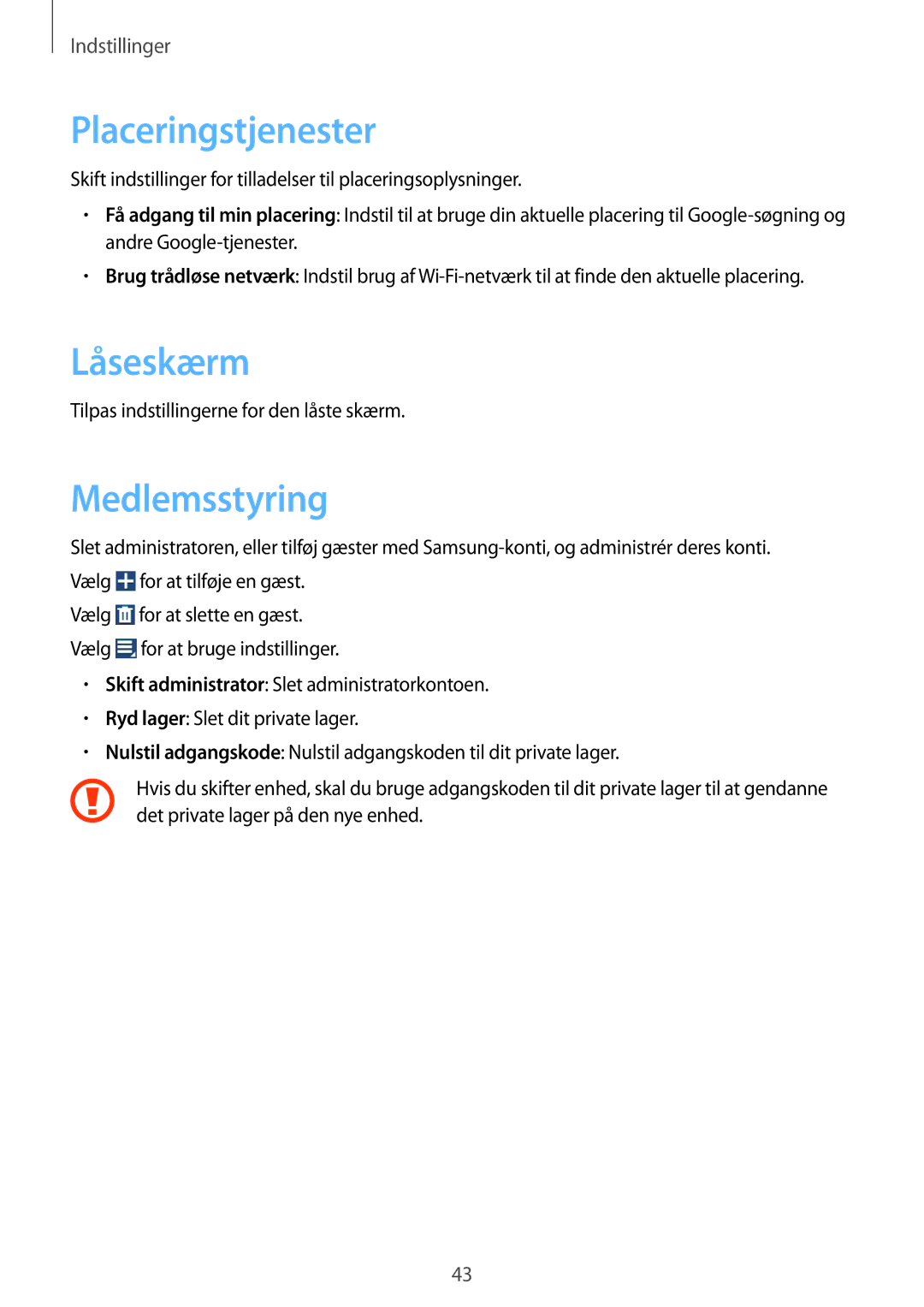 Samsung GT-B9150ZKANEE manual Placeringstjenester, Låseskærm, Medlemsstyring 