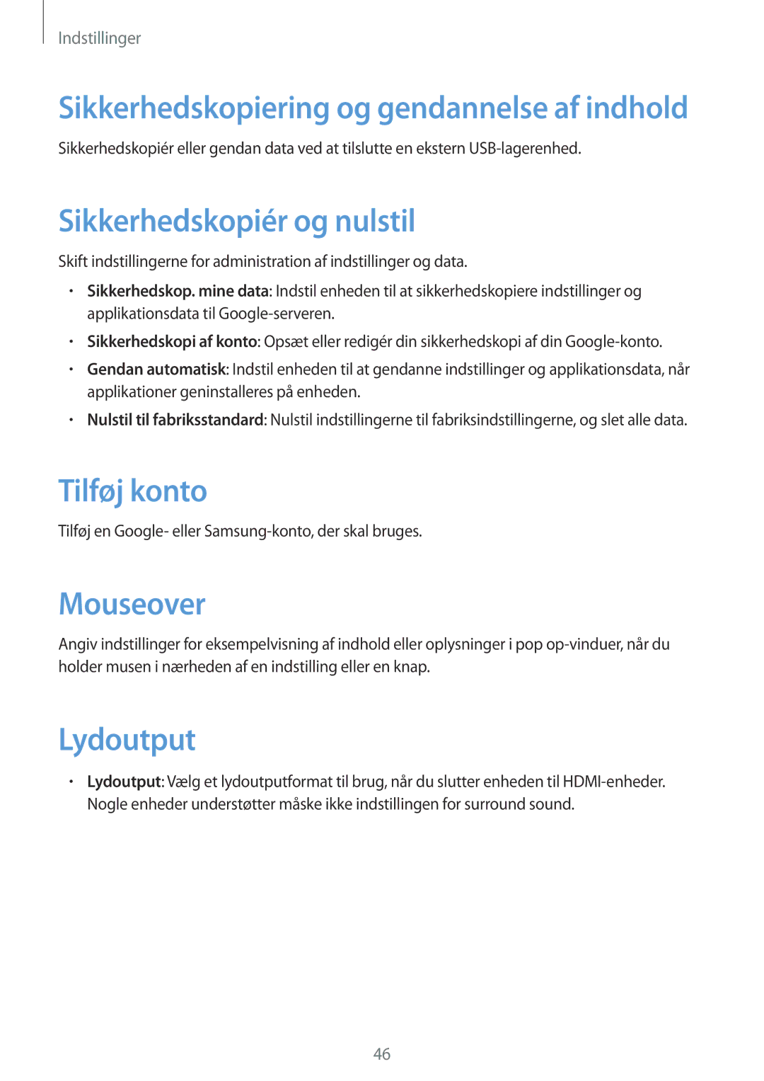 Samsung GT-B9150ZKANEE manual Sikkerhedskopiér og nulstil, Tilføj konto, Mouseover, Lydoutput 