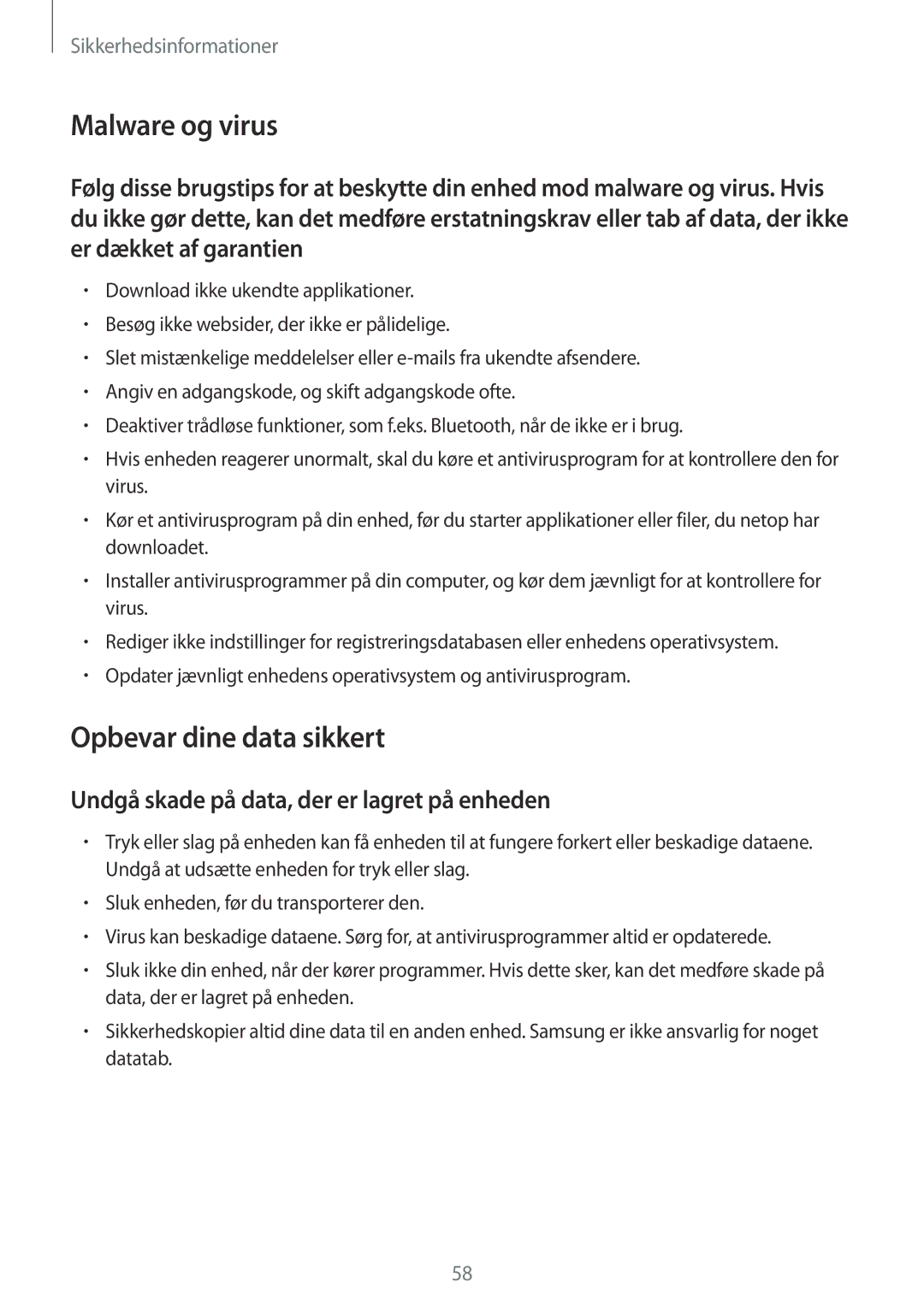 Samsung GT-B9150ZKANEE manual Malware og virus, Undgå skade på data, der er lagret på enheden 