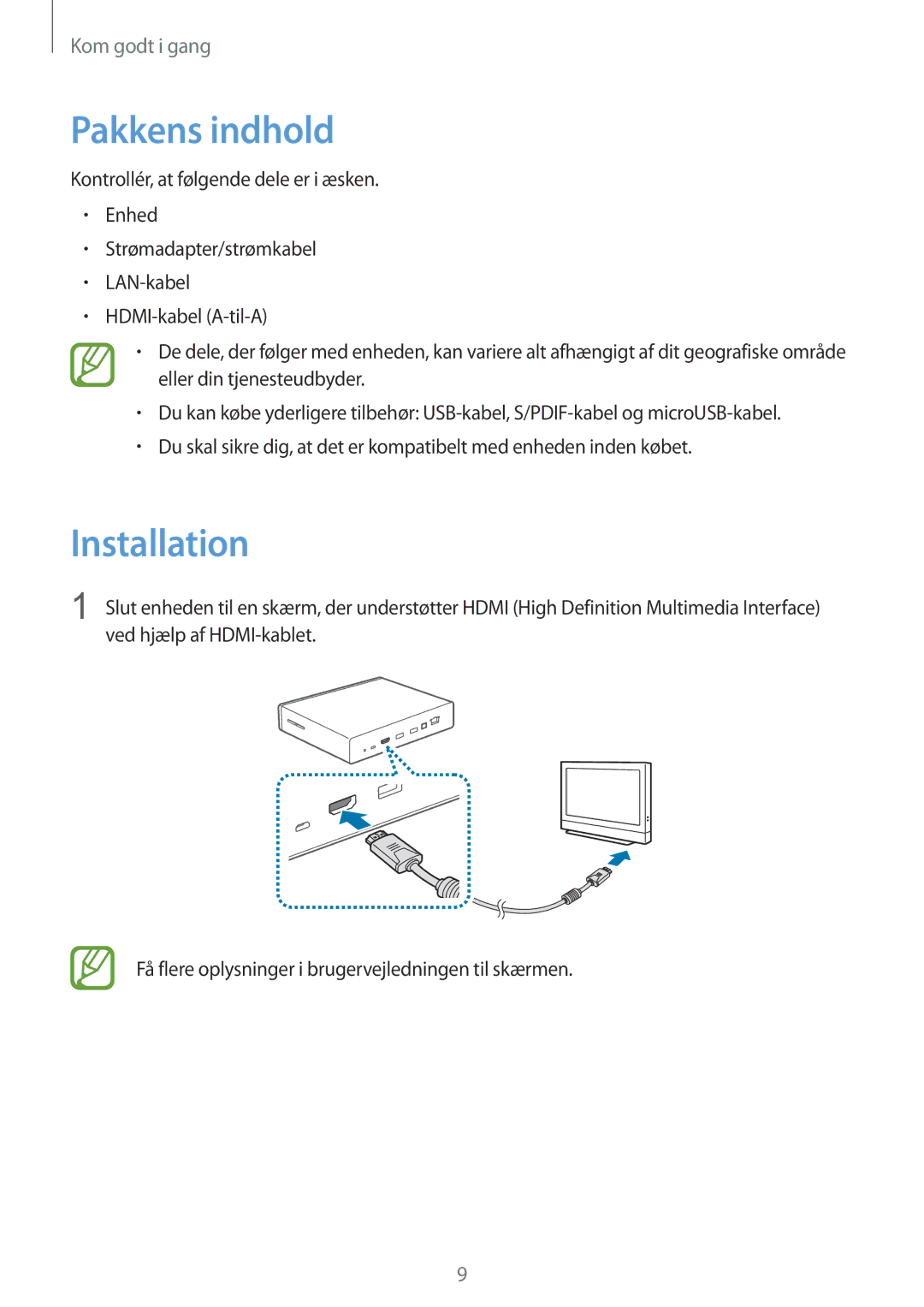 Samsung GT-B9150ZKANEE manual Pakkens indhold, Installation 