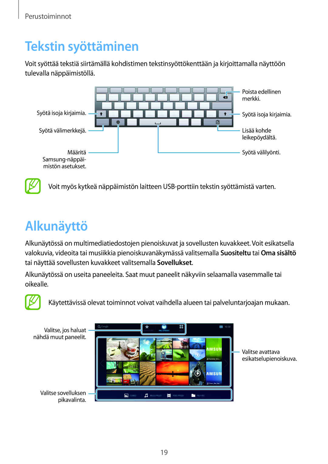 Samsung GT-B9150ZKANEE manual Tekstin syöttäminen, Alkunäyttö 