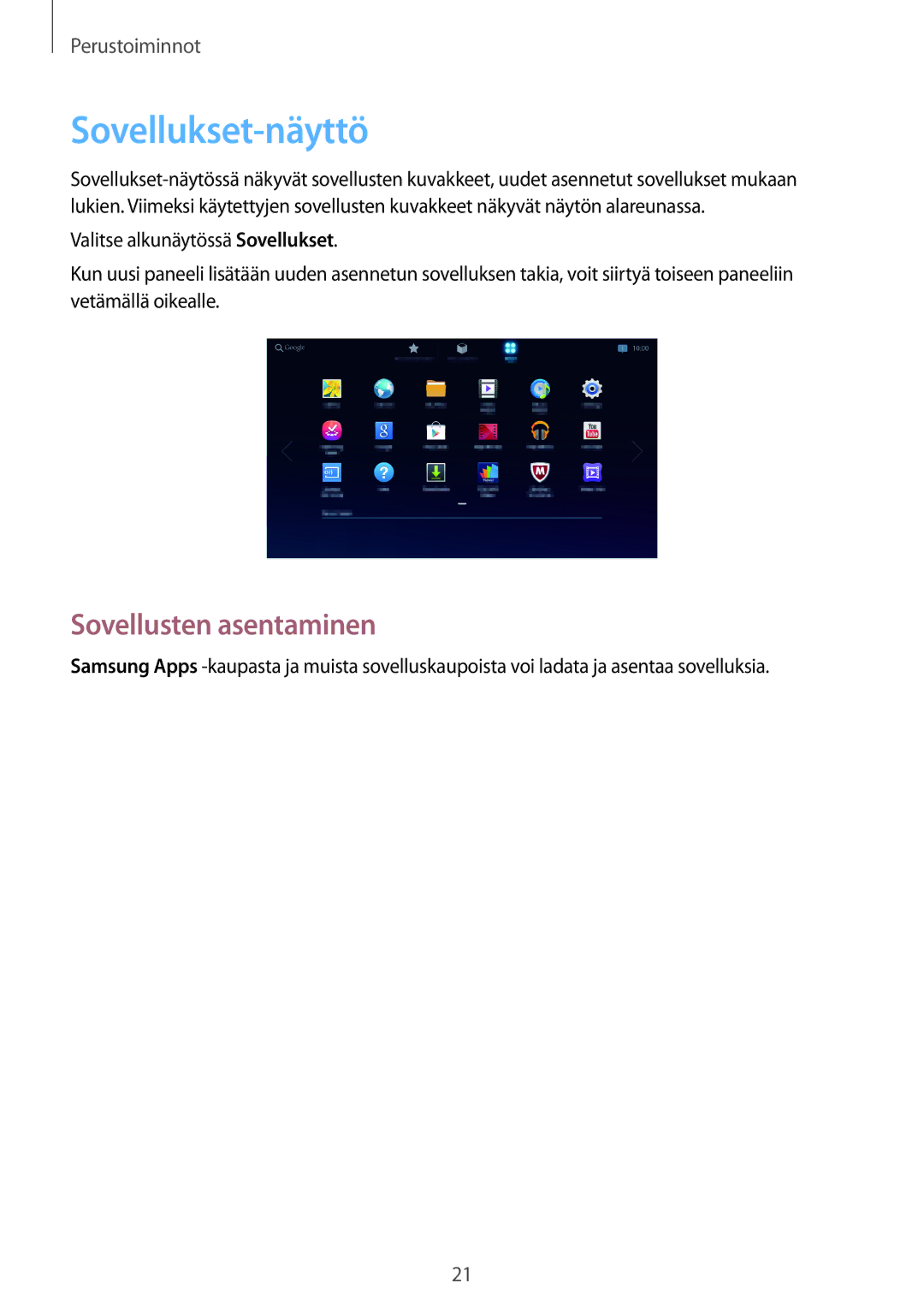 Samsung GT-B9150ZKANEE manual Sovellukset-näyttö, Sovellusten asentaminen 