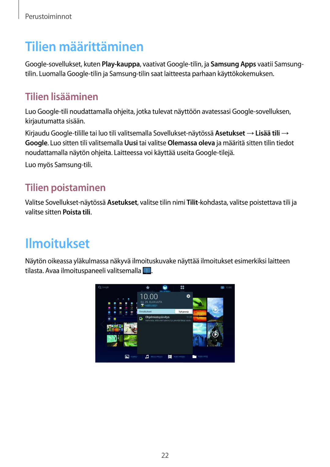 Samsung GT-B9150ZKANEE manual Tilien määrittäminen, Ilmoitukset, Tilien lisääminen, Tilien poistaminen 