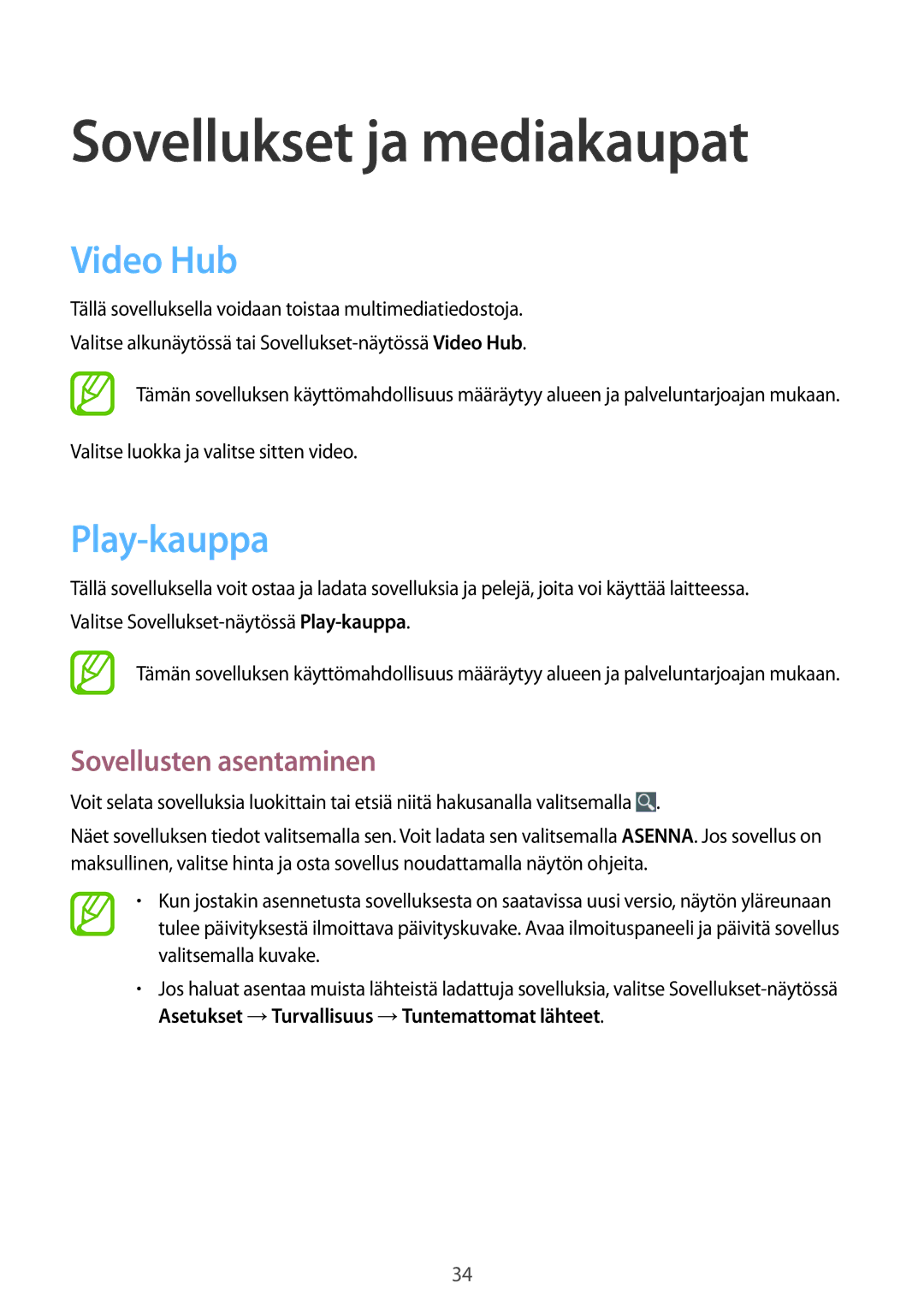 Samsung GT-B9150ZKANEE manual Sovellukset ja mediakaupat, Video Hub, Play-kauppa 