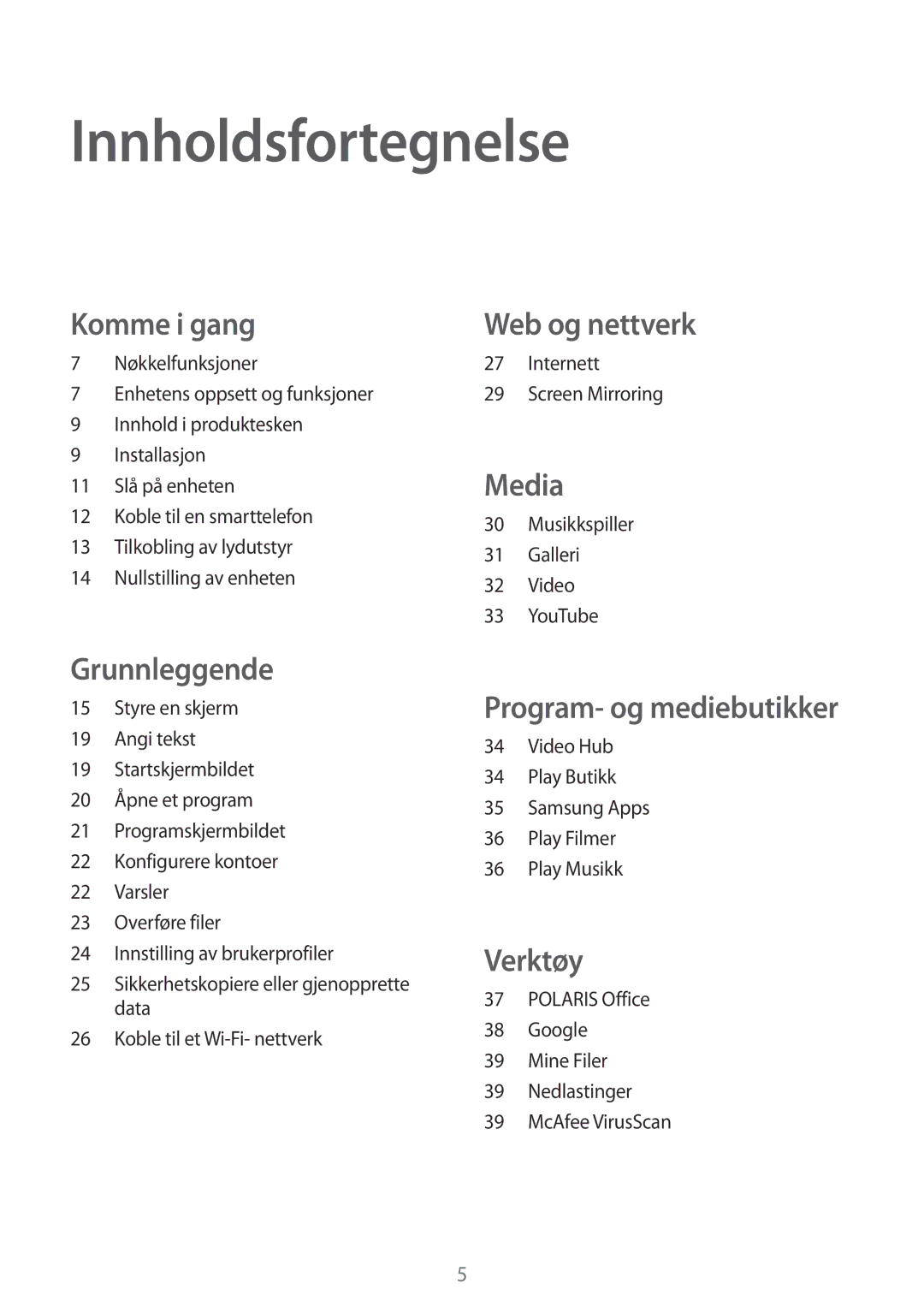 Samsung GT-B9150ZKANEE manual Innholdsfortegnelse, Komme i gang 