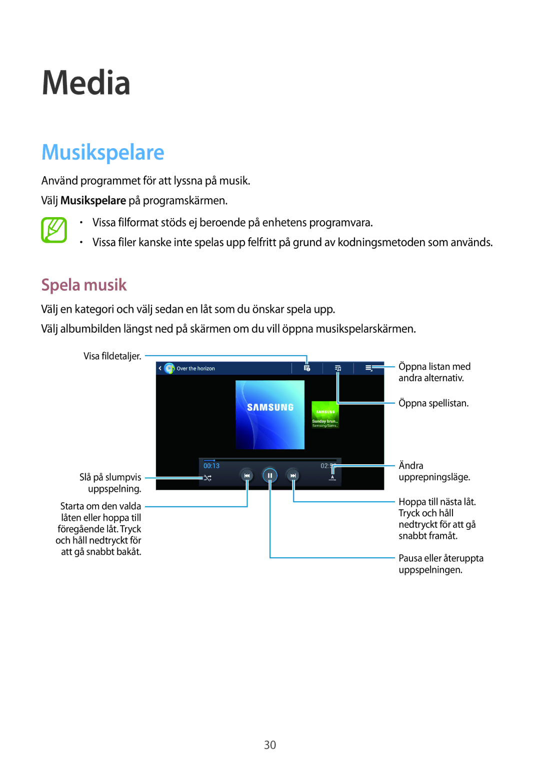 Samsung GT-B9150ZKANEE manual Media, Musikspelare, Spela musik 