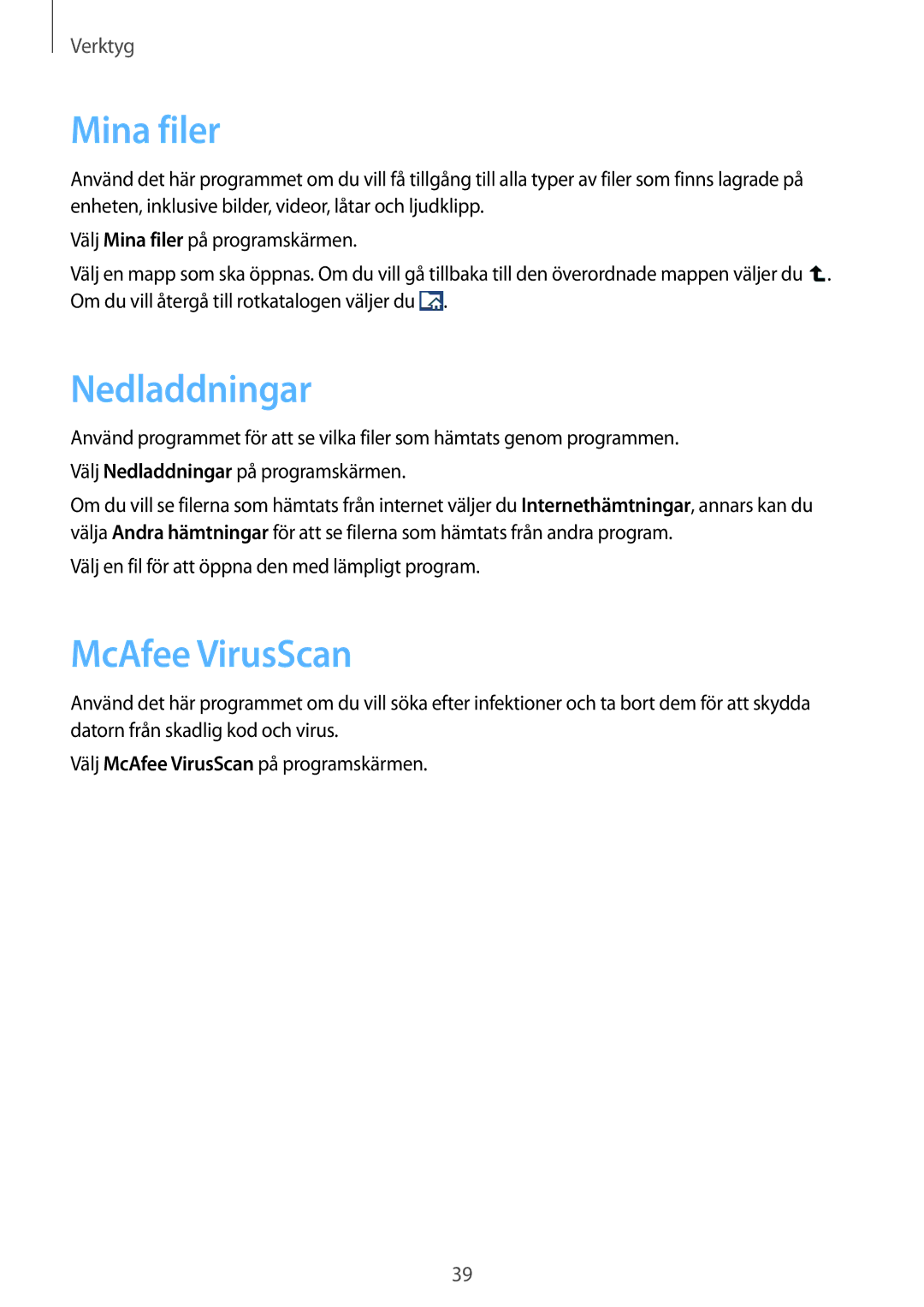 Samsung GT-B9150ZKANEE manual Mina filer, Nedladdningar, McAfee VirusScan 