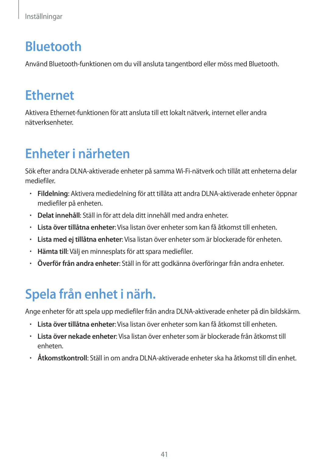 Samsung GT-B9150ZKANEE manual Bluetooth, Ethernet, Enheter i närheten, Spela från enhet i närh 