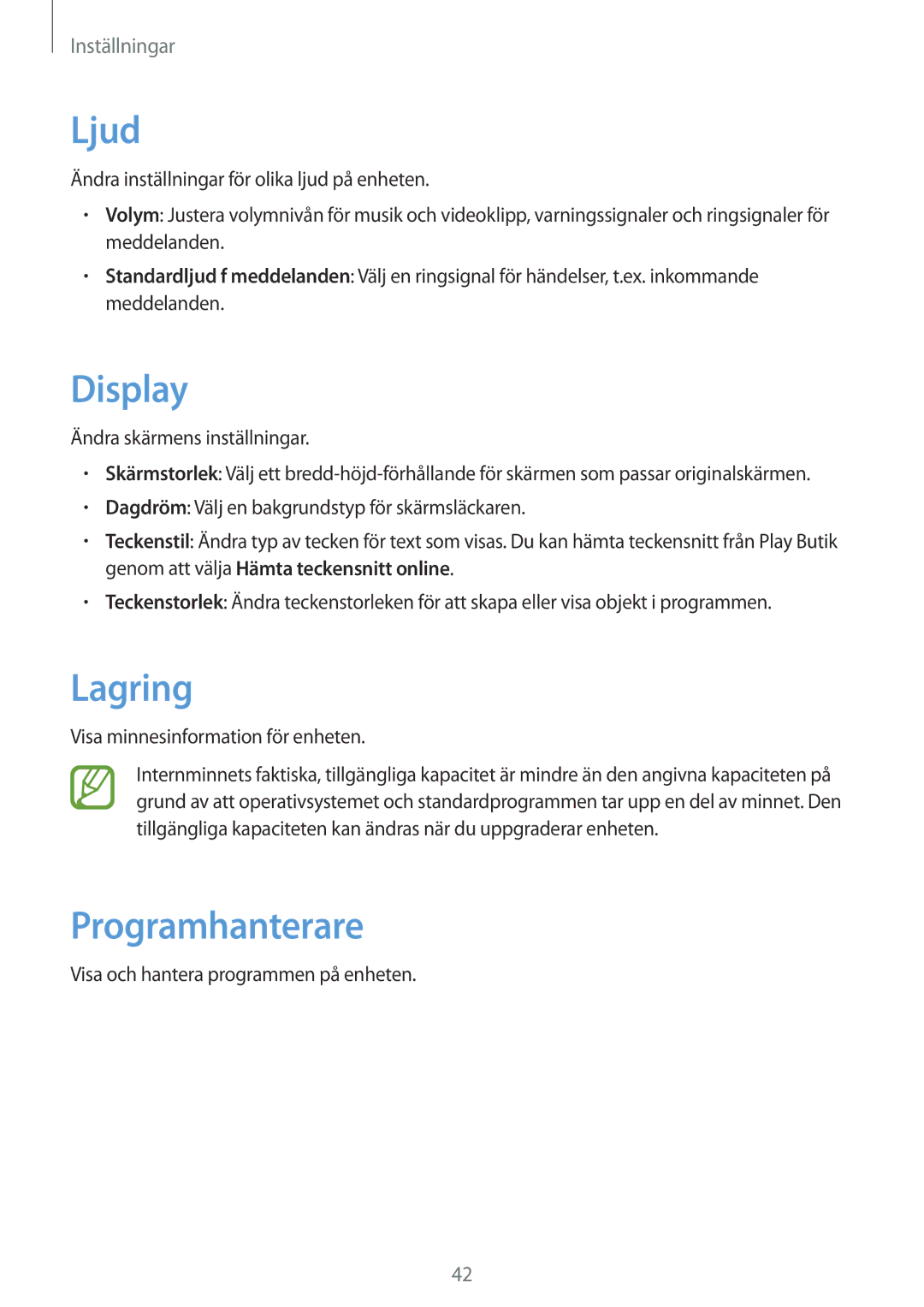 Samsung GT-B9150ZKANEE manual Ljud, Display, Lagring, Programhanterare 