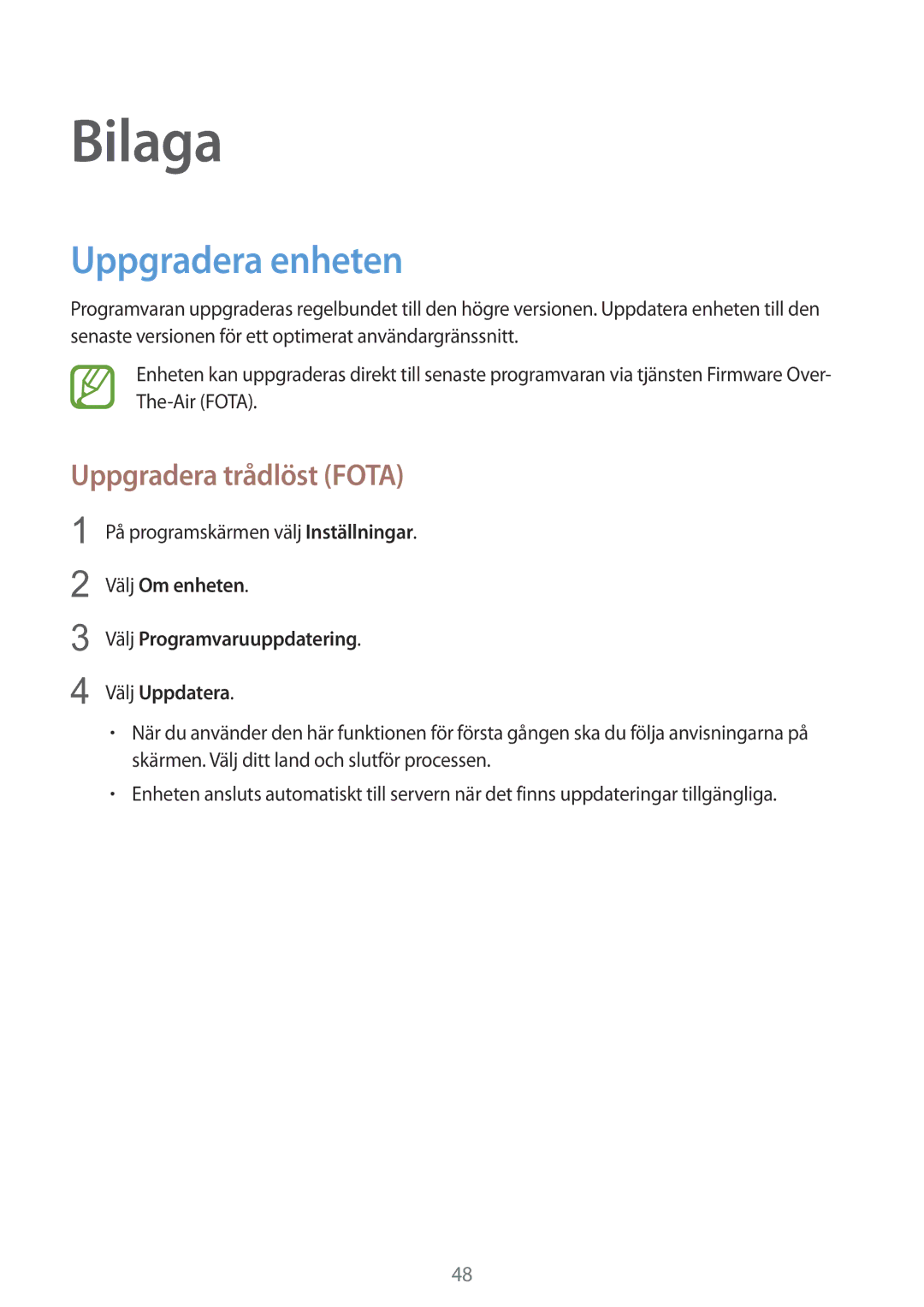 Samsung GT-B9150ZKANEE manual Bilaga, Uppgradera enheten, Uppgradera trådlöst Fota 
