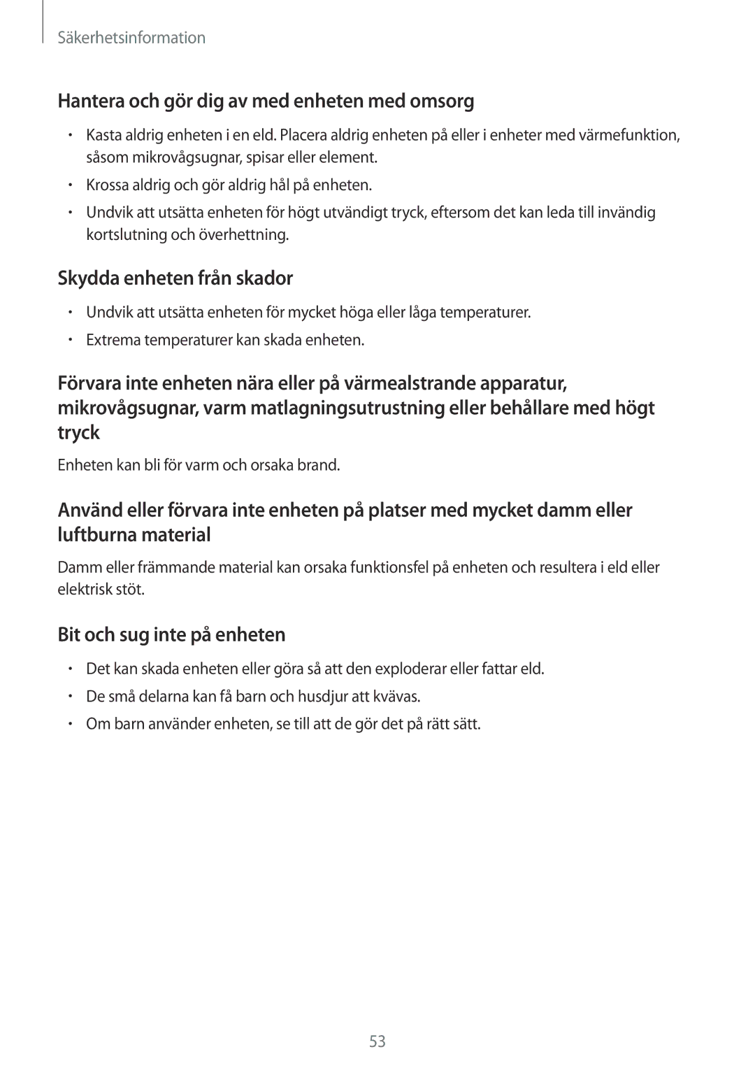 Samsung GT-B9150ZKANEE manual Hantera och gör dig av med enheten med omsorg, Skydda enheten från skador 