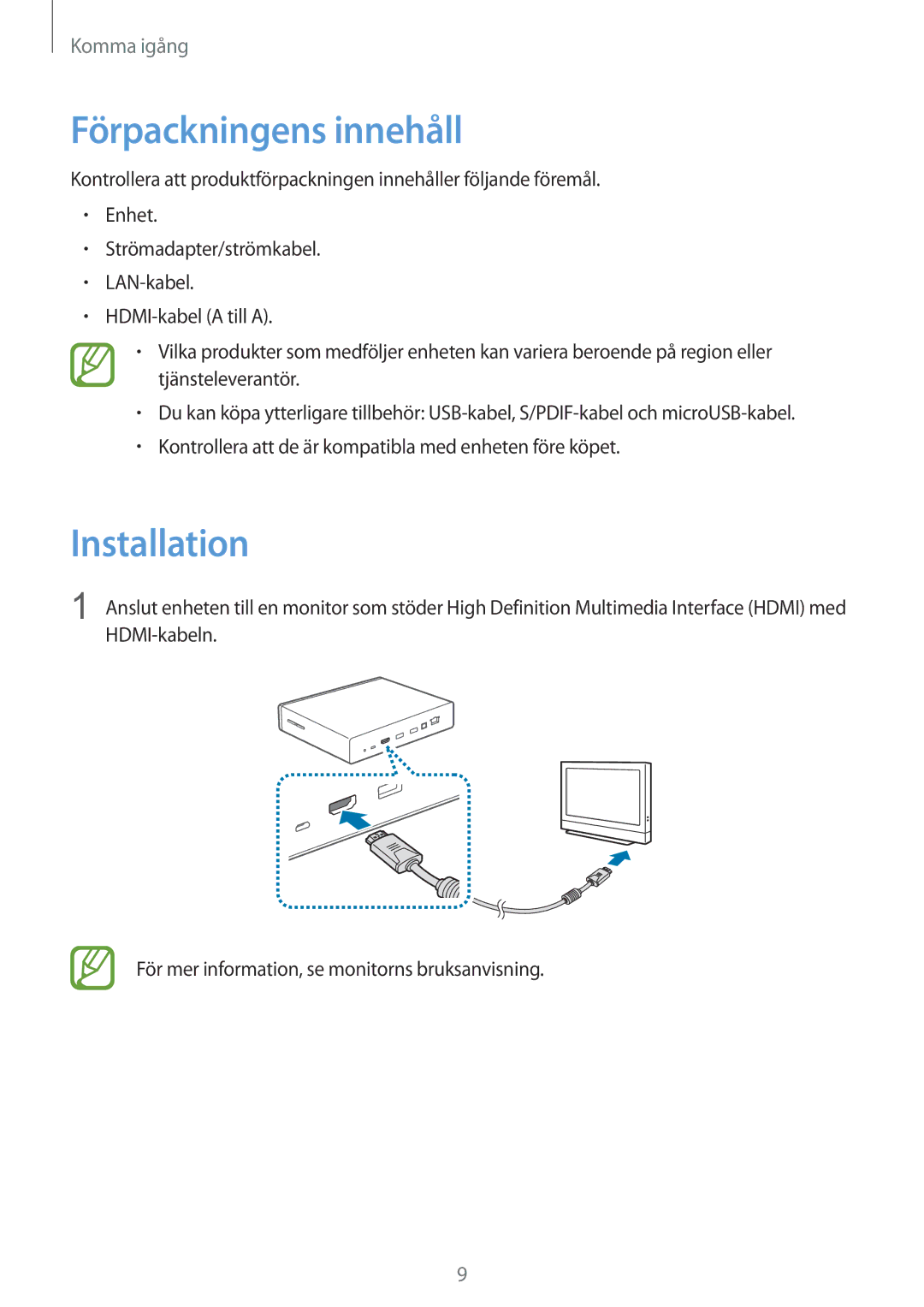 Samsung GT-B9150ZKANEE manual Förpackningens innehåll, Installation 