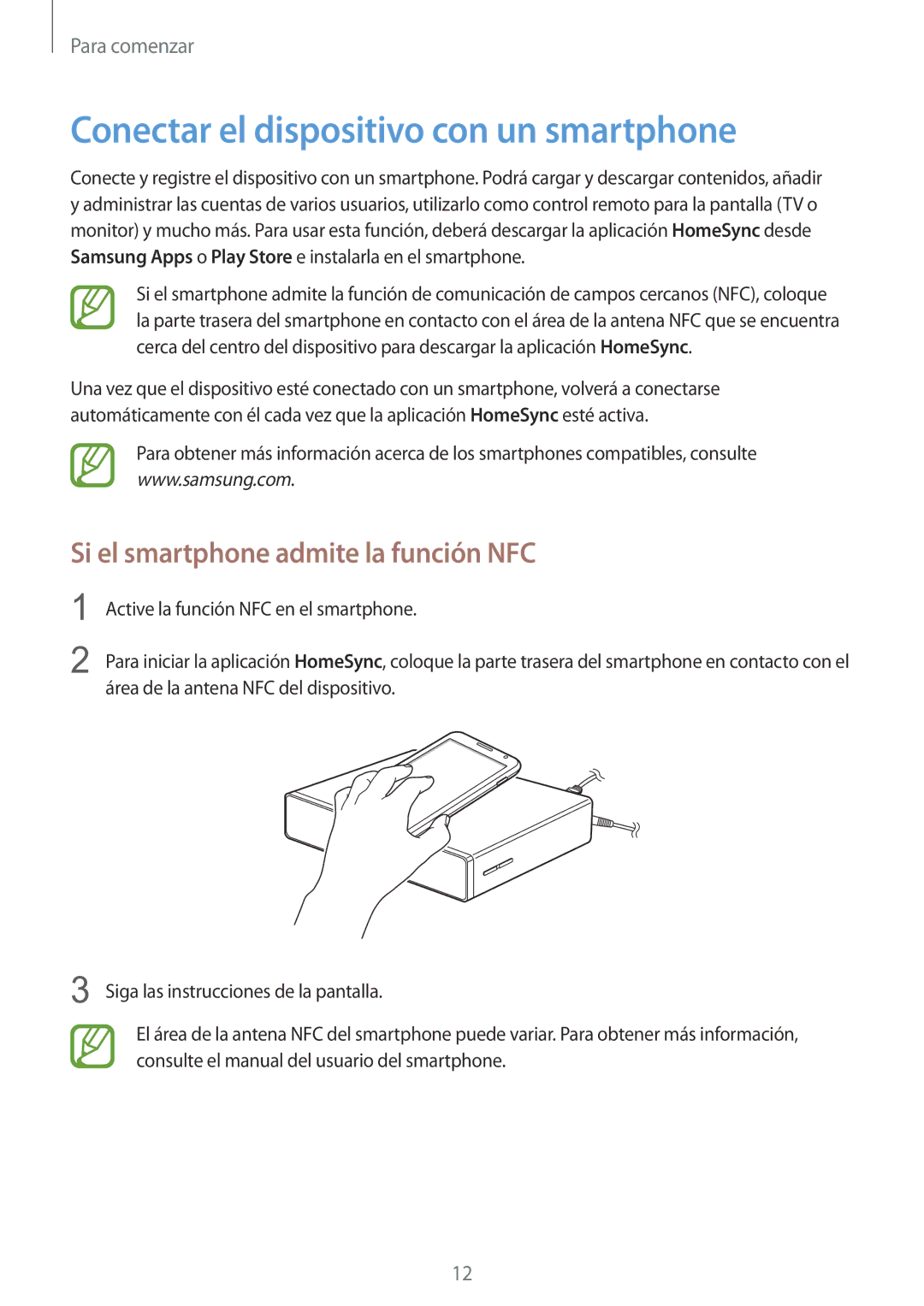 Samsung GT-B9150ZKAPHE manual Conectar el dispositivo con un smartphone, Si el smartphone admite la función NFC 