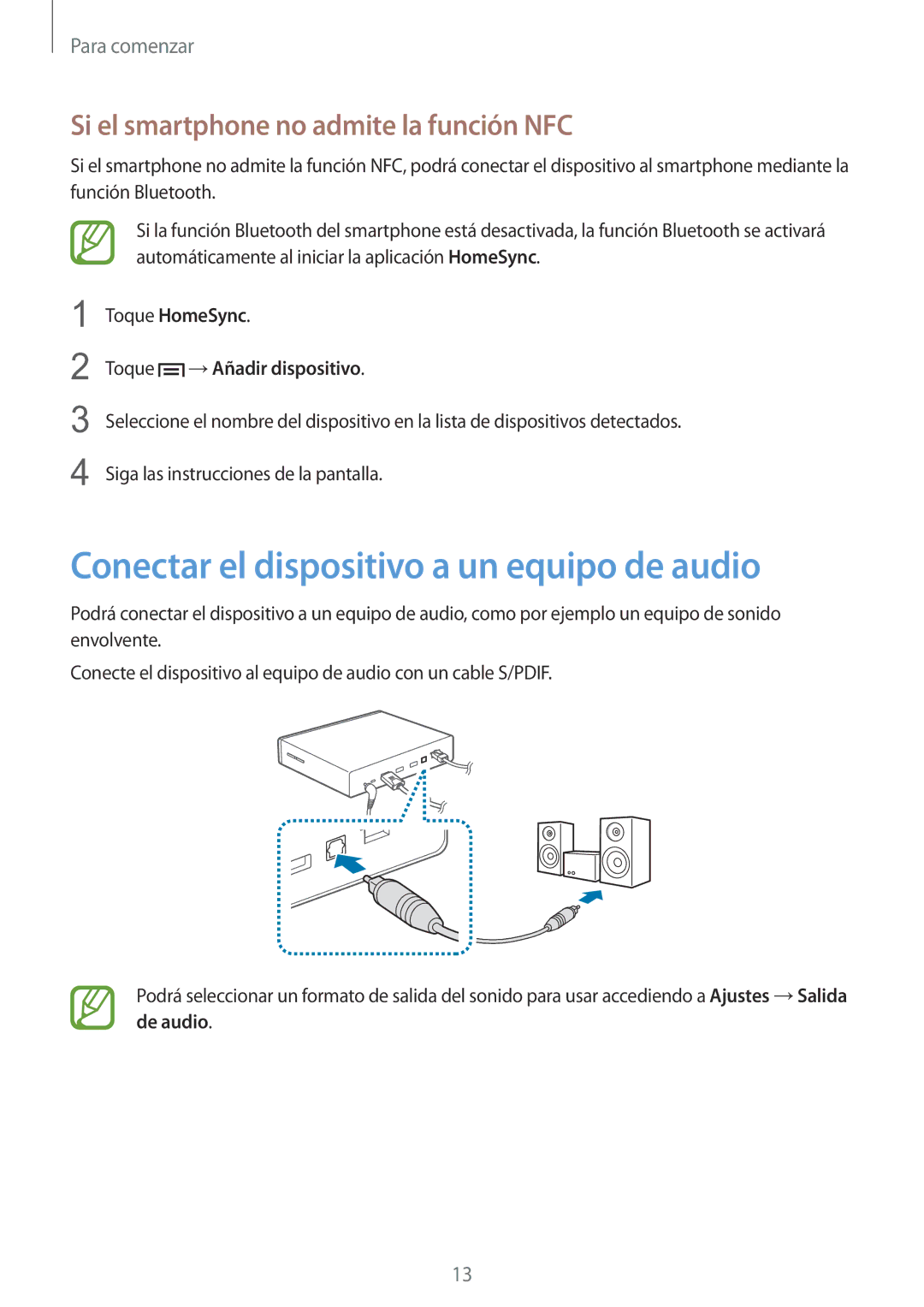 Samsung GT-B9150ZKAPHE manual Conectar el dispositivo a un equipo de audio, Si el smartphone no admite la función NFC 