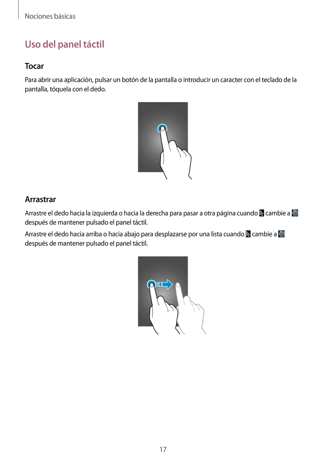 Samsung GT-B9150ZKAPHE manual Uso del panel táctil, Tocar, Arrastrar 