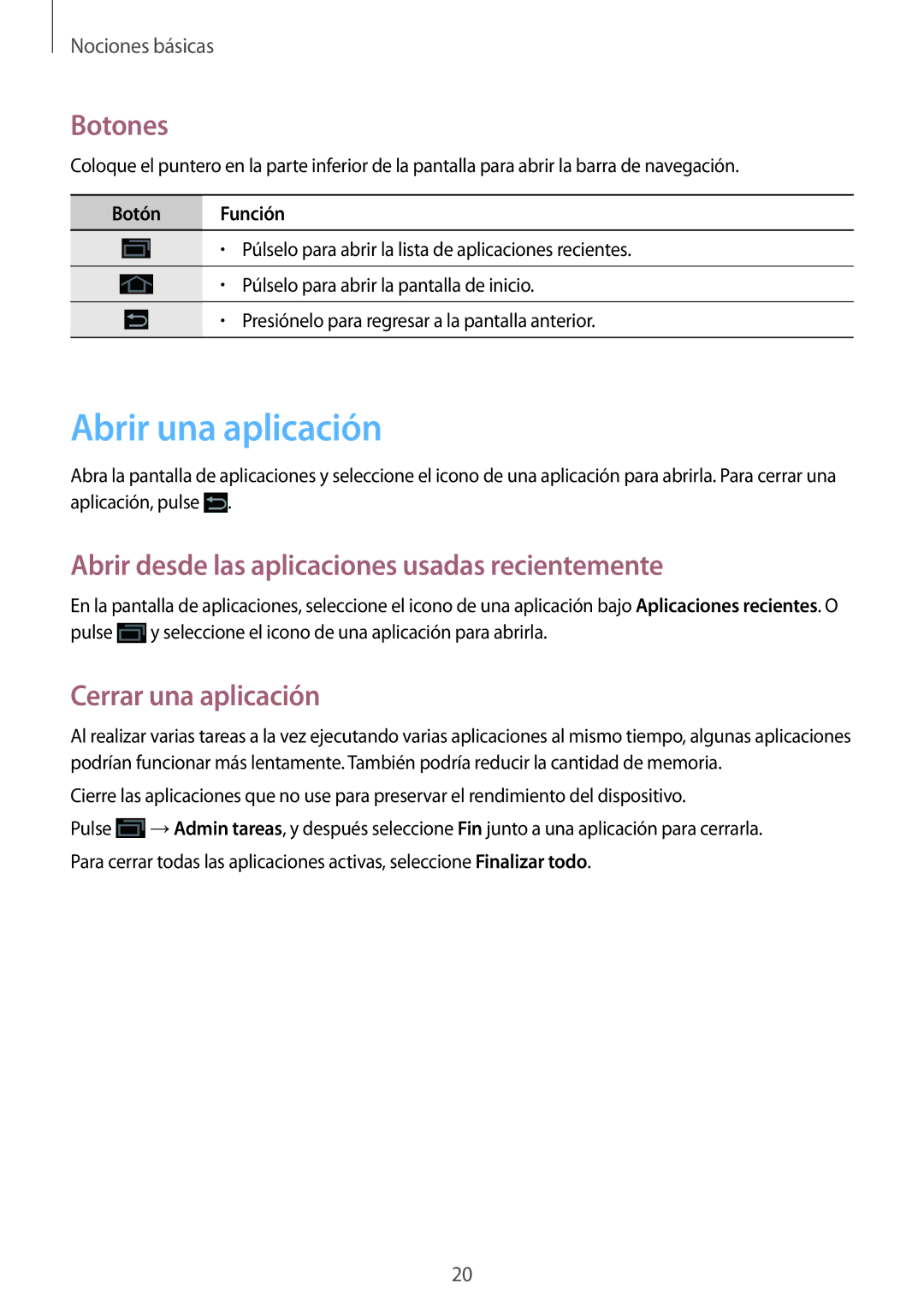 Samsung GT-B9150ZKAPHE Abrir una aplicación, Botones, Abrir desde las aplicaciones usadas recientemente, Botón Función 