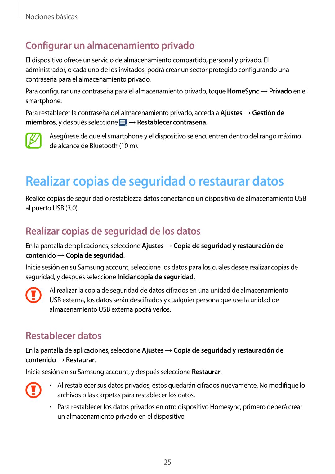 Samsung GT-B9150ZKAPHE manual Realizar copias de seguridad o restaurar datos, Configurar un almacenamiento privado 