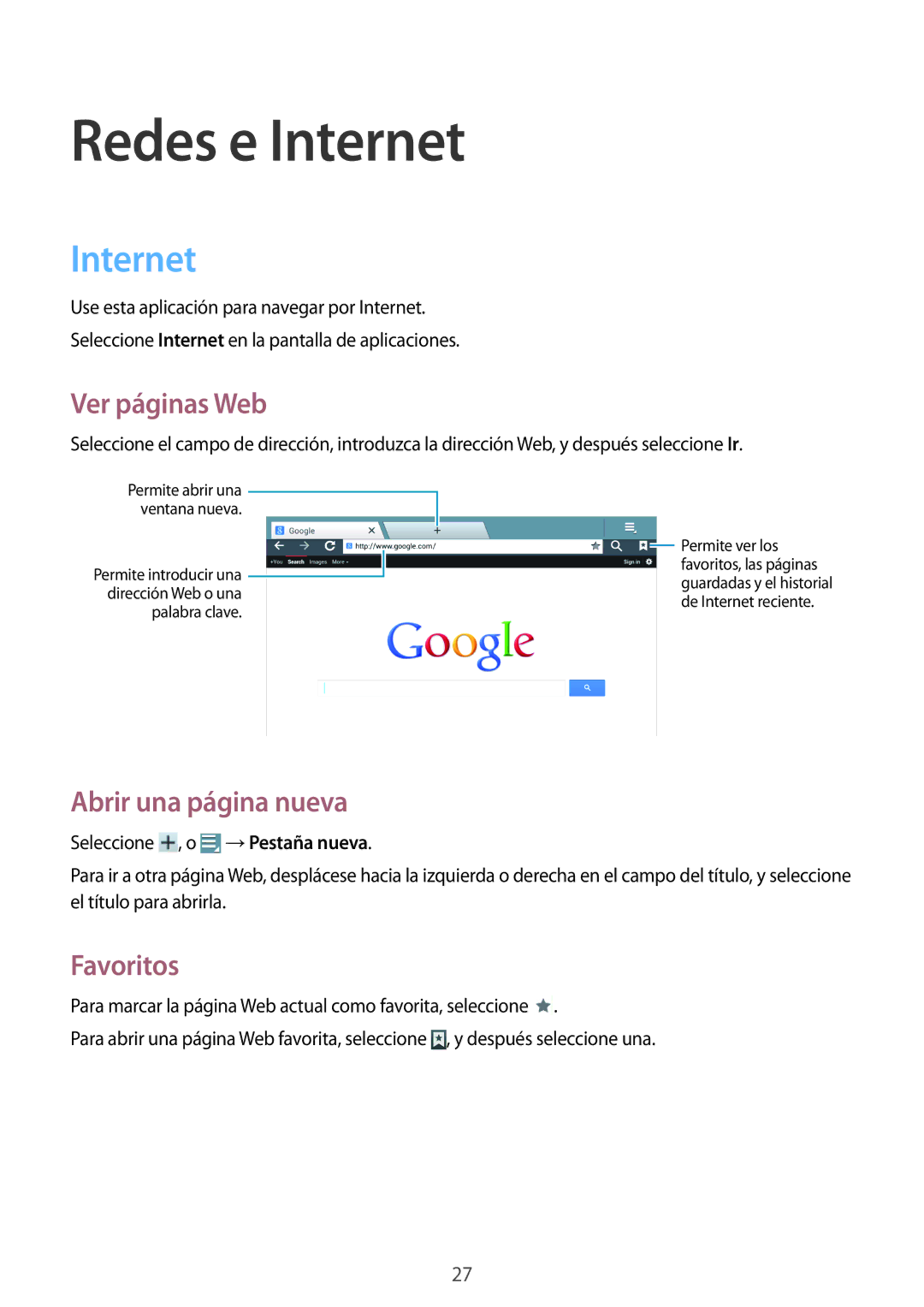 Samsung GT-B9150ZKAPHE manual Redes e Internet, Ver páginas Web, Abrir una página nueva, Favoritos 