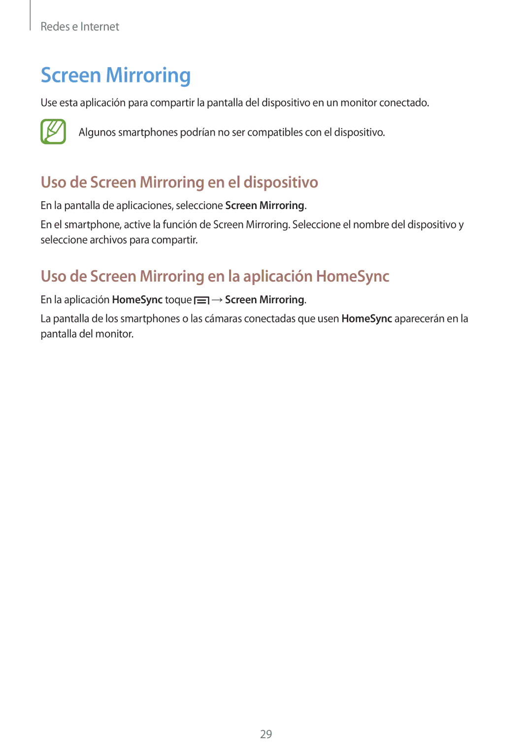 Samsung GT-B9150ZKAPHE Uso de Screen Mirroring en el dispositivo, Uso de Screen Mirroring en la aplicación HomeSync 