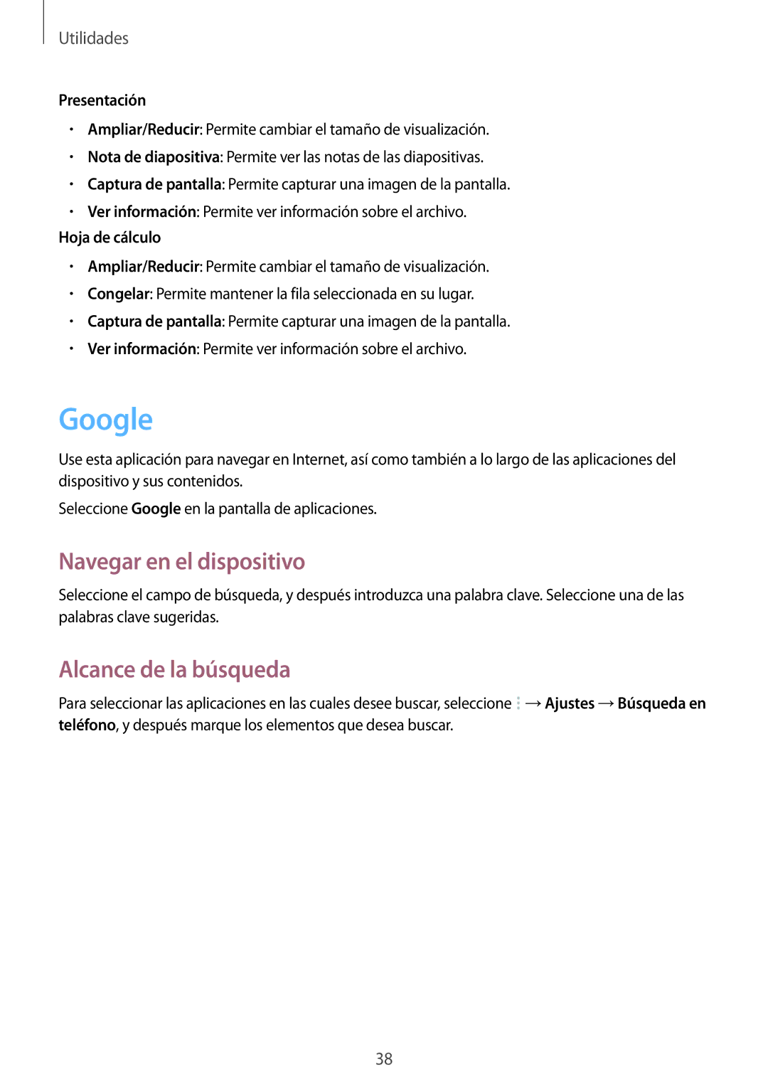 Samsung GT-B9150ZKAPHE manual Google, Navegar en el dispositivo, Alcance de la búsqueda, Presentación, Hoja de cálculo 