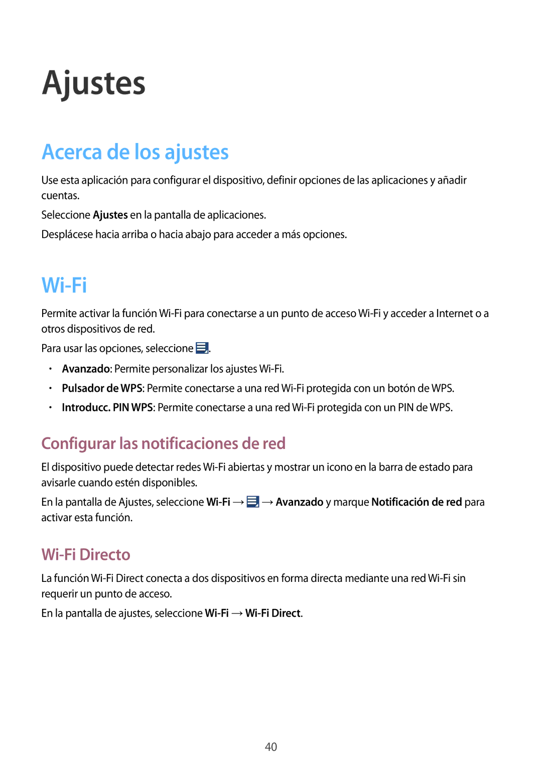 Samsung GT-B9150ZKAPHE manual Ajustes, Acerca de los ajustes, Configurar las notificaciones de red, Wi-Fi Directo 