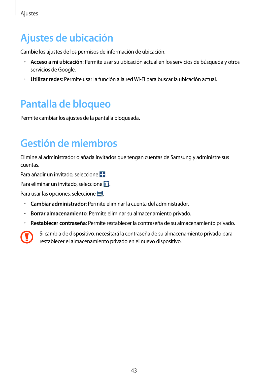 Samsung GT-B9150ZKAPHE manual Ajustes de ubicación, Pantalla de bloqueo, Gestión de miembros 