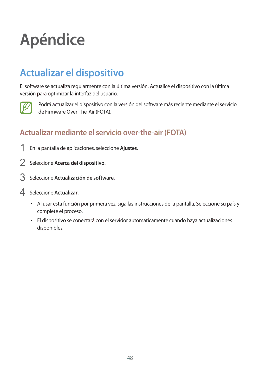 Samsung GT-B9150ZKAPHE manual Apéndice, Actualizar el dispositivo, Actualizar mediante el servicio over-the-air Fota 