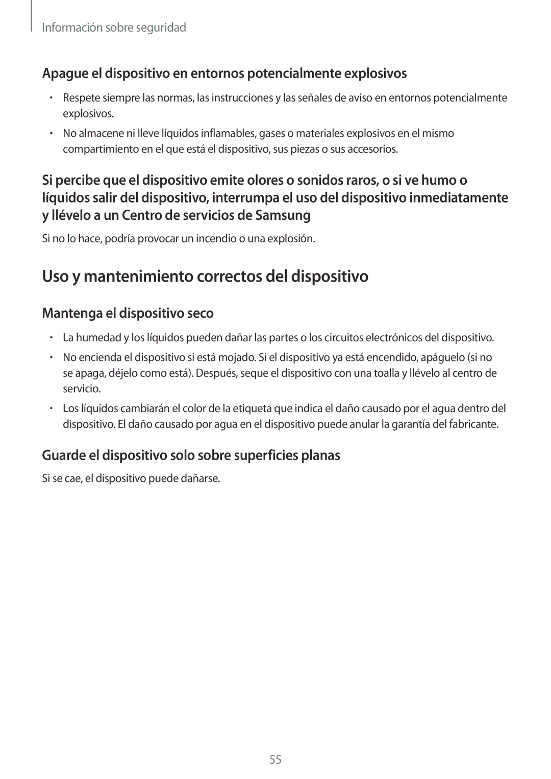 Samsung GT-B9150ZKAPHE manual Apague el dispositivo en entornos potencialmente explosivos, Mantenga el dispositivo seco 