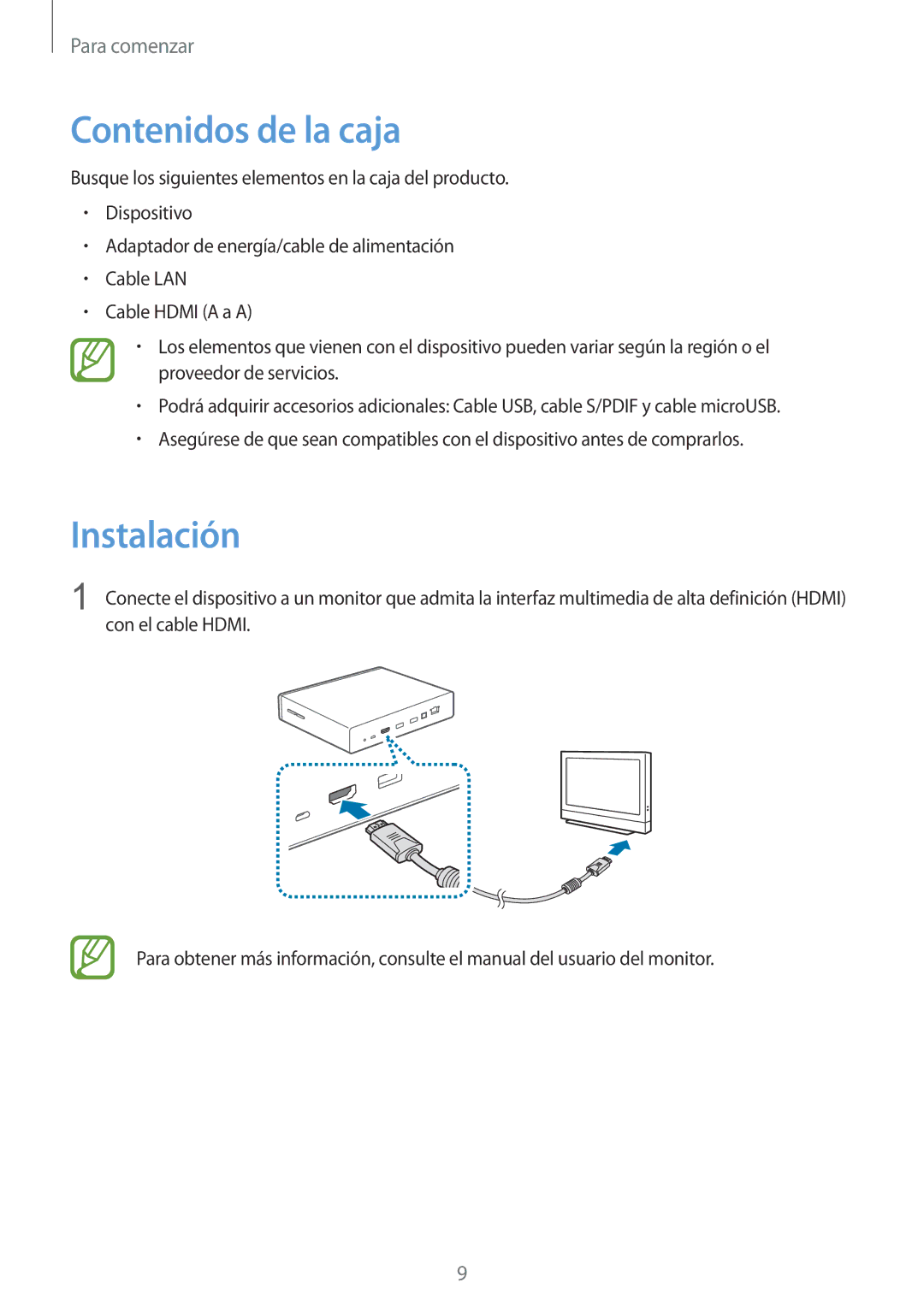 Samsung GT-B9150ZKAPHE manual Contenidos de la caja, Instalación 