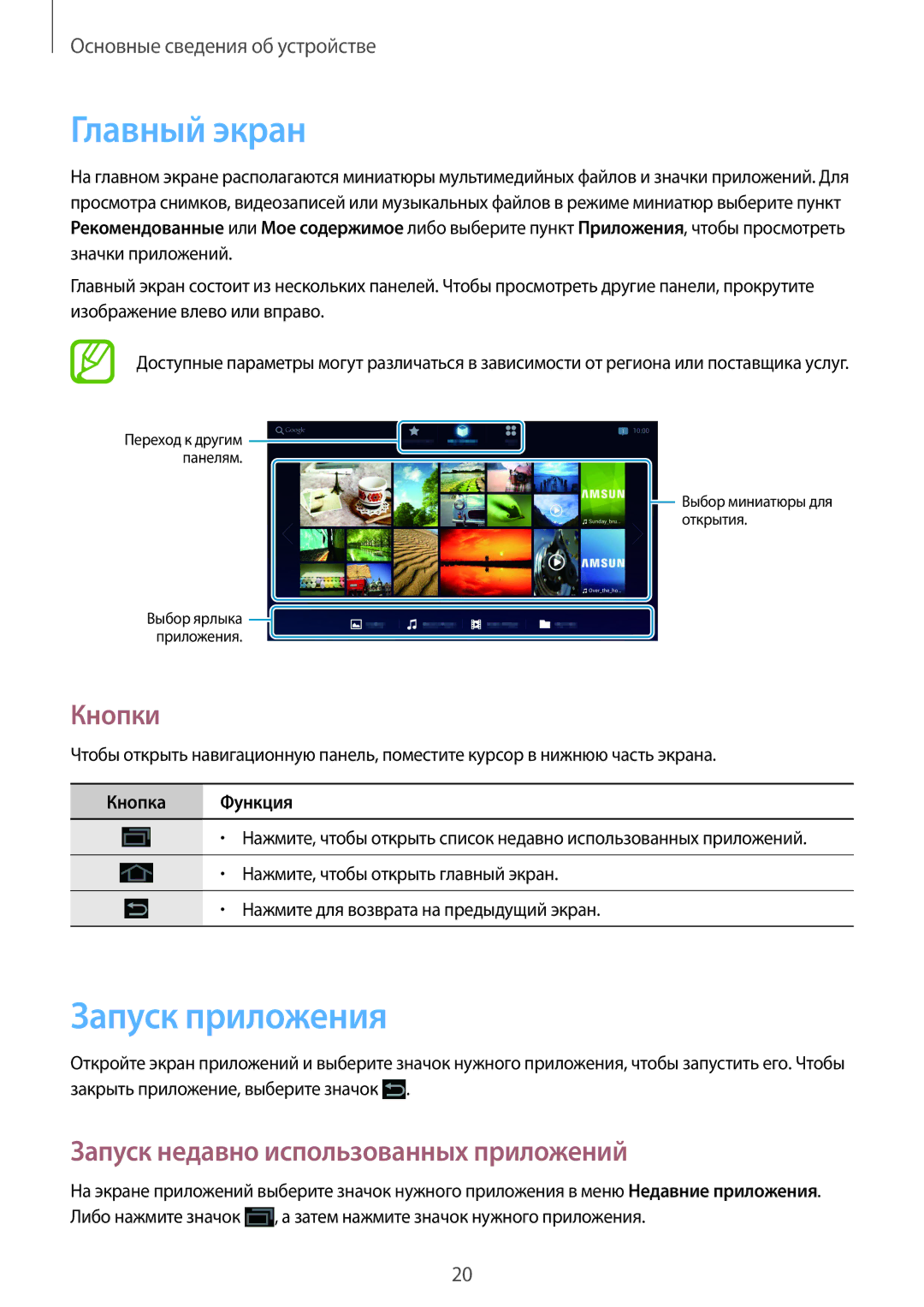 Samsung GT-B9150ZKASEB, GT-B9150ZKASER Главный экран, Запуск приложения, Кнопки, Запуск недавно использованных приложений 