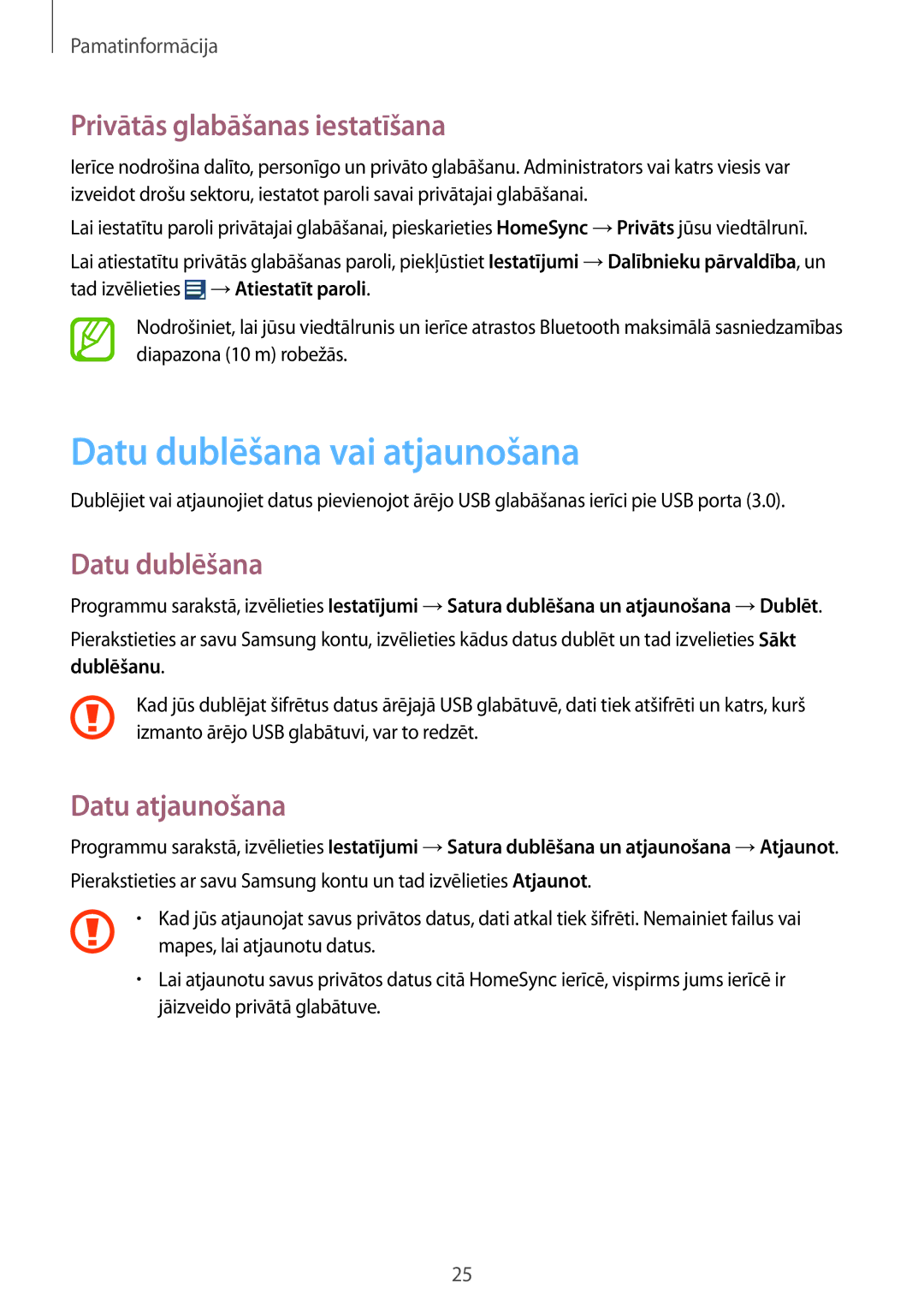 Samsung GT-B9150ZKASEB manual Datu dublēšana vai atjaunošana, Privātās glabāšanas iestatīšana, Datu atjaunošana 