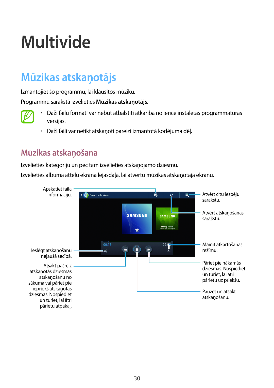 Samsung GT-B9150ZKASEB manual Multivide, Mūzikas atskaņotājs, Mūzikas atskaņošana 