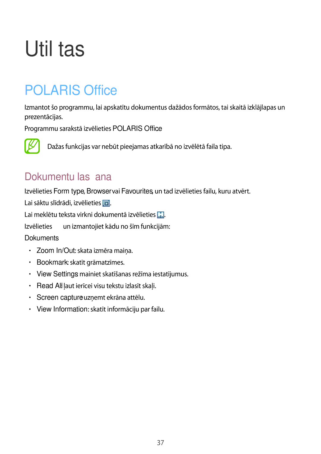 Samsung GT-B9150ZKASEB manual Utilītas, Polaris Office, Dokumentu lasīšana 