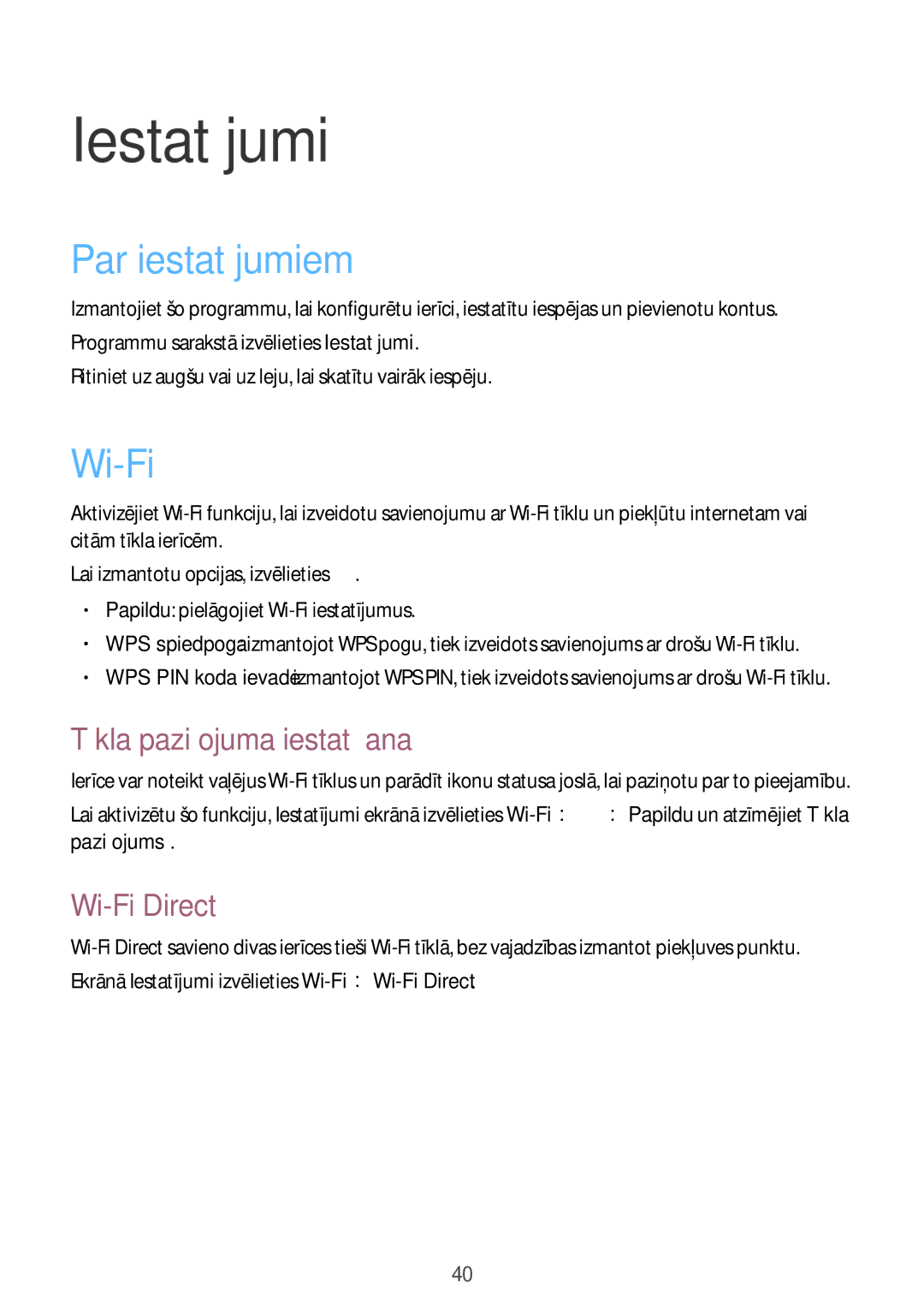 Samsung GT-B9150ZKASEB manual Iestatījumi, Par iestatījumiem, Tīkla paziņojuma iestatīšana, Wi-Fi Direct 