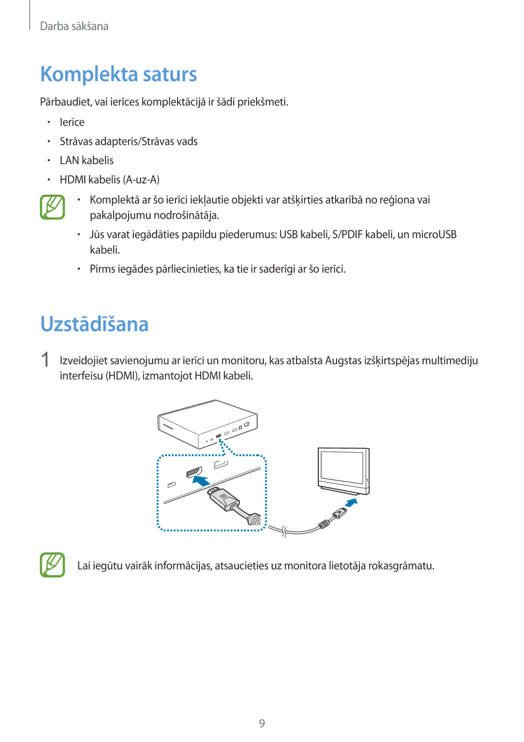 Samsung GT-B9150ZKASEB manual Komplekta saturs, Uzstādīšana 