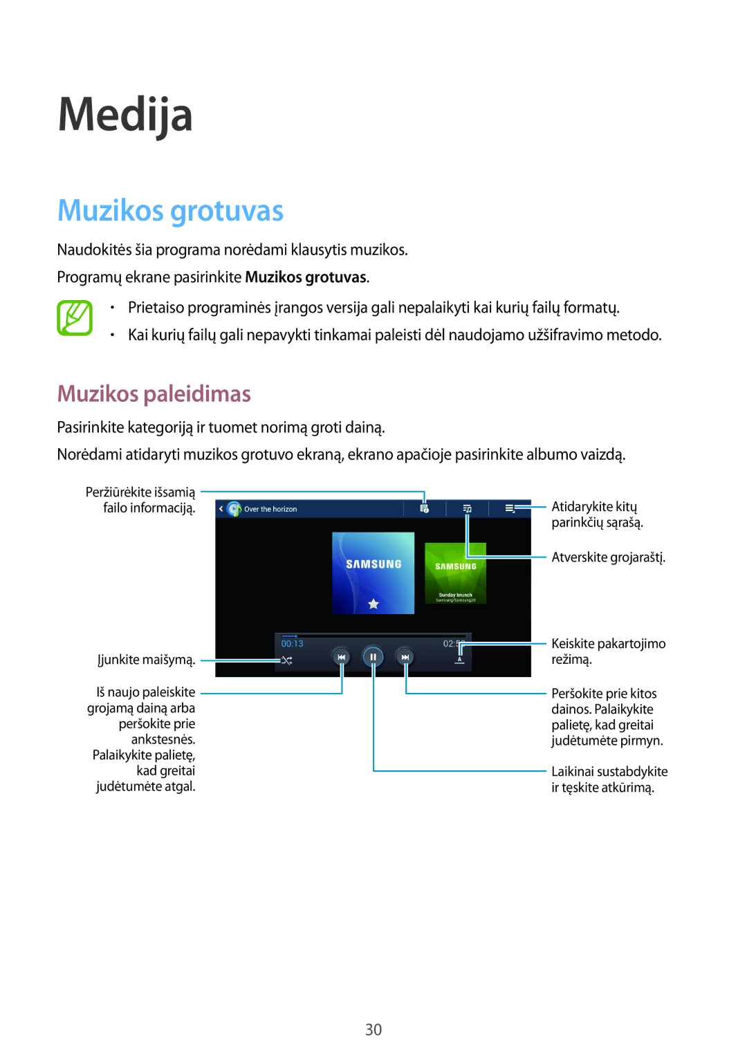 Samsung GT-B9150ZKASEB manual Medija, Muzikos grotuvas, Muzikos paleidimas 